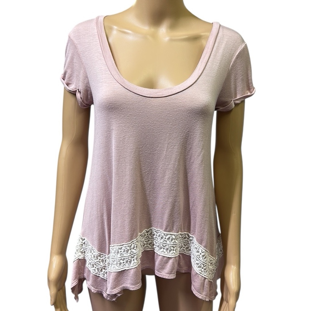 Honey Punch Dusty Pink Lace Detail Cuffed Short Sleeve A Line Scoop Neck Top XS